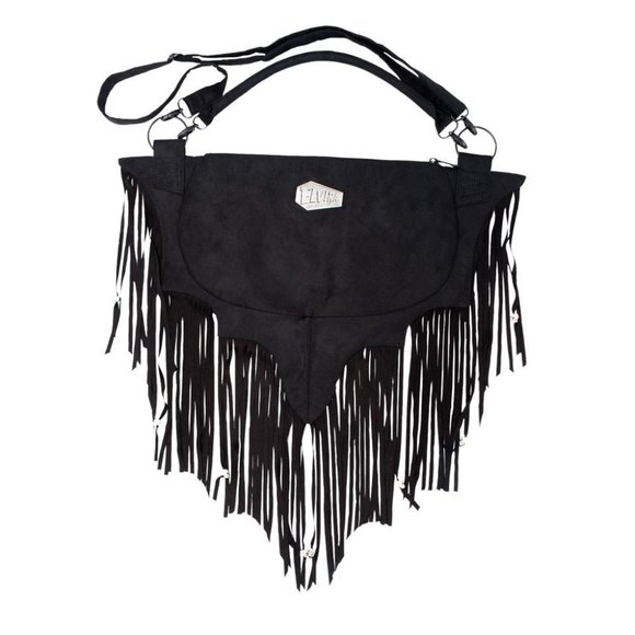 ELVIRA Black Bat Wing Large Vegan Suede Fringe Purse NWT - Picture 5 of 7